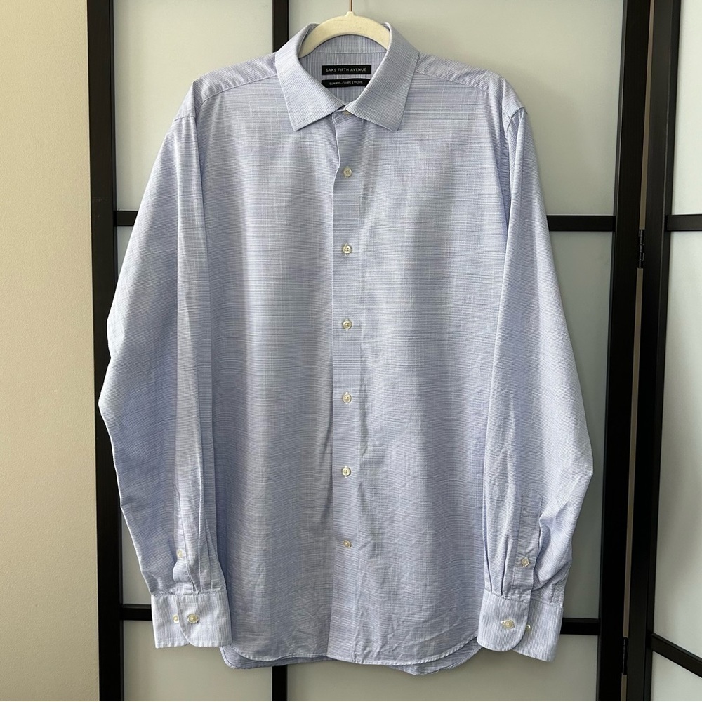 [16.5] Saks Fifth Ave 100% Cotton Slim Fit Blue & White Micro Print Dress Shirt